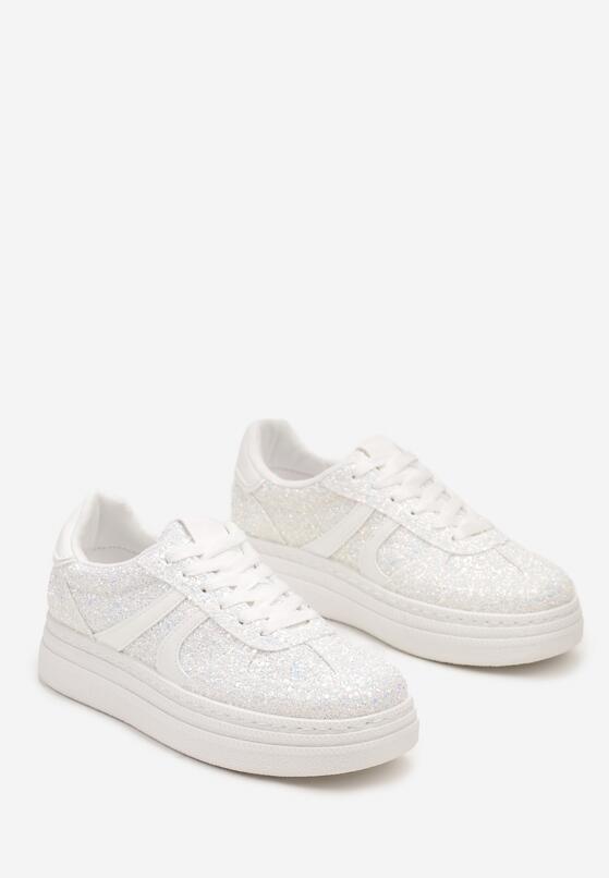 Białe Sneakersy na Grubej Podeszwie z Ozdobnym Brokatem Nevisala 5