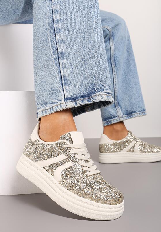 Złote Sneakersy na Grubej Podeszwie z Ozdobnym Brokatem Nevisala 2
