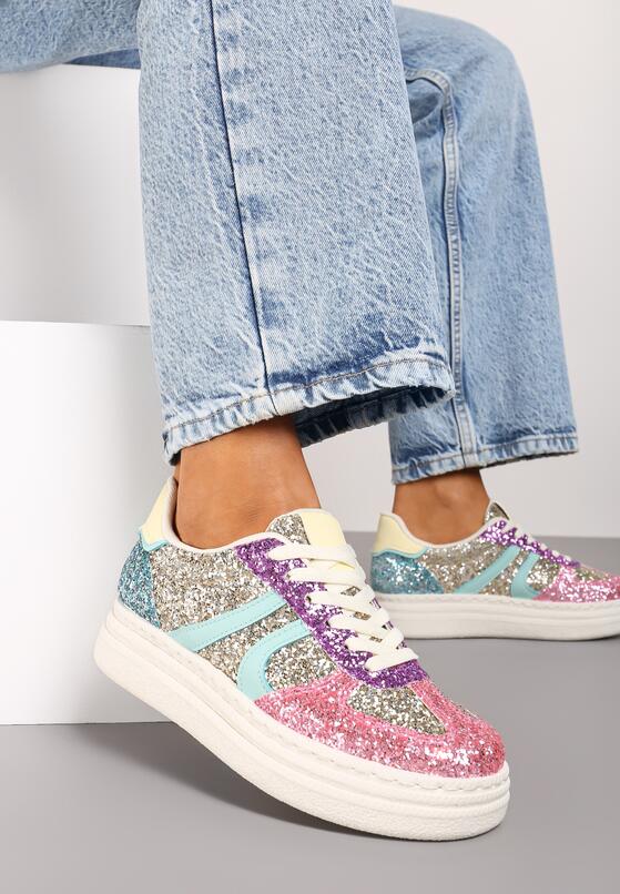 Różowo-Niebieskie Sneakersy na Grubej Podeszwie z Ozdobnym Brokatem Nevisala 2