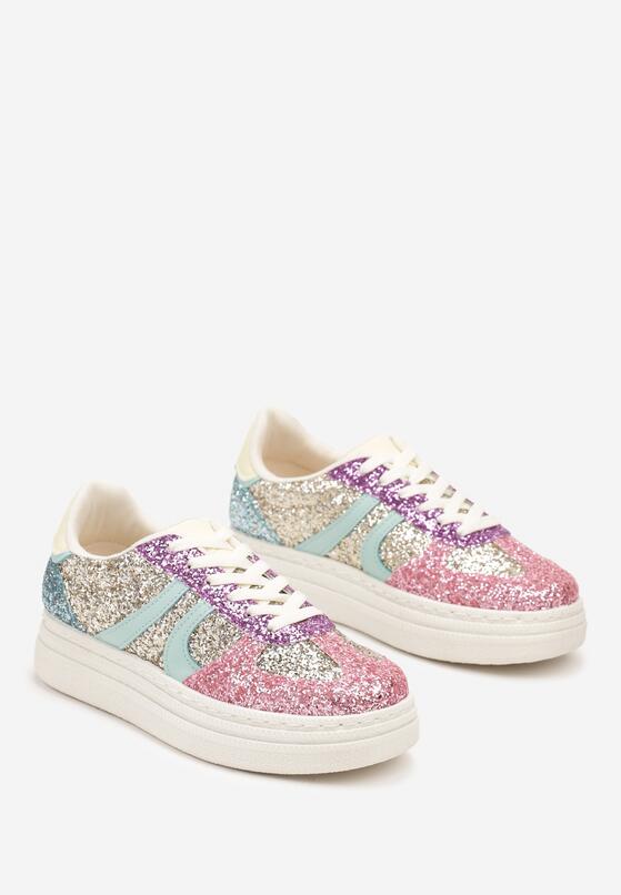Różowo-Niebieskie Sneakersy na Grubej Podeszwie z Ozdobnym Brokatem Nevisala 5