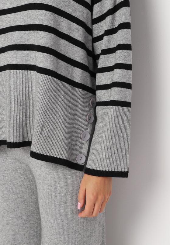 Szaro-Czarny Komplet z Wiskozą i Modalem Golf w Paski z Rozcięciami Spodnie z Gumką w Pasie Mevyn 5