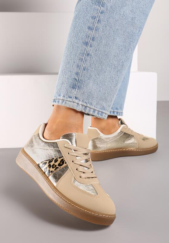 Beżowo-Brązowe Płaskie Sneakersy z Metaliczną Wstawką Nevsina 1