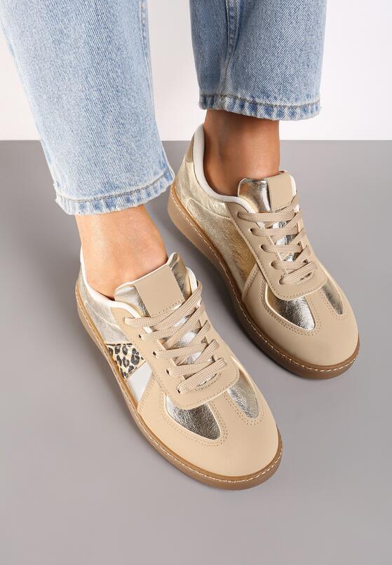 Beżowo-Brązowe Płaskie Sneakersy z Metaliczną Wstawką Nevsina 3