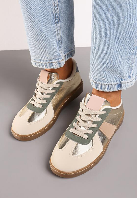 Beżowo-Zielone Płaskie Sneakersy z Metaliczną Wstawką Nevsina 3