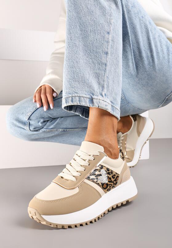 Beżowo-Brązowe Płaskie Sneakersy z Metalicznymi Wstawkami Neveatha 2