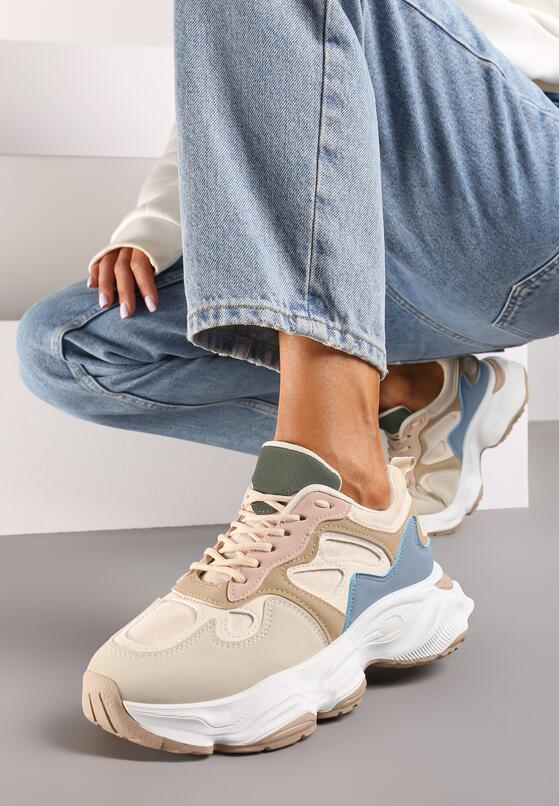 Beżowo-Niebieskie Sneakersy na Grubej Podeszwie z Geometrycznym Wzorem Mevanira 2