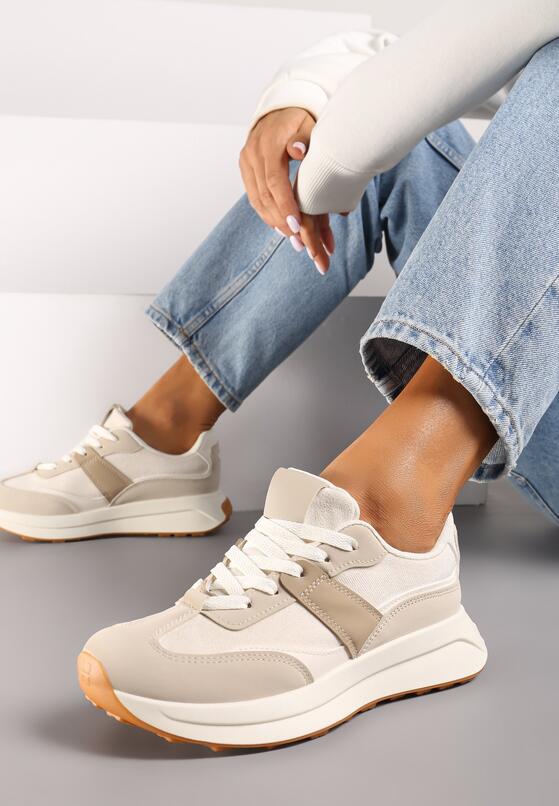 Beżowe Płaskie Sznurowane Sneakersy z Geometrycznym Wzorem Neveanna 2