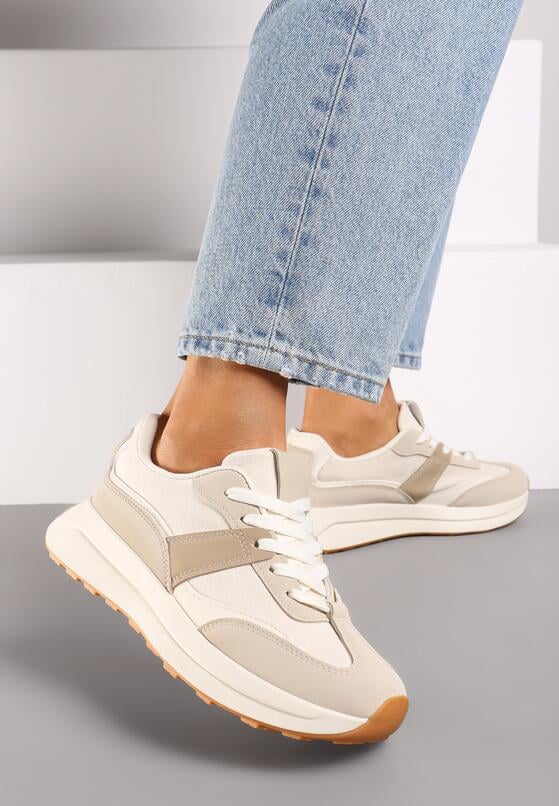 Beżowe Płaskie Sznurowane Sneakersy z Geometrycznym Wzorem Neveanna 1