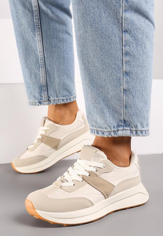 Beżowe Płaskie Sznurowane Sneakersy z Geometrycznym Wzorem Neveanna 3