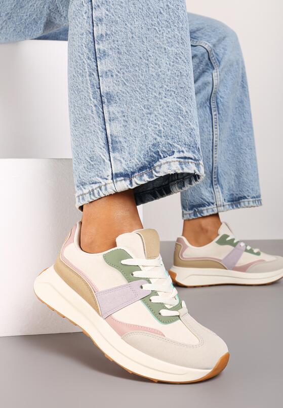 Beżowo-Zielone Płaskie Sznurowane Sneakersy z Geometrycznym Wzorem Neveanna 2