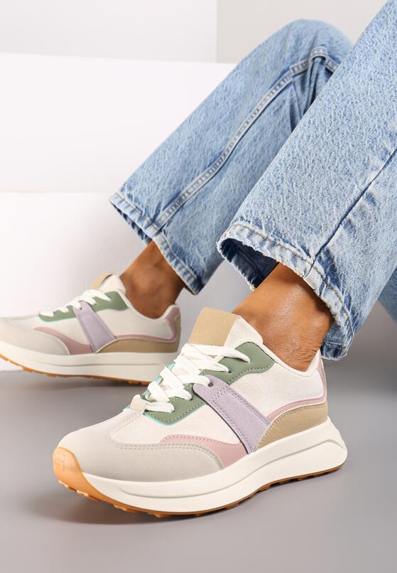 Beżowo-Zielone Płaskie Sznurowane Sneakersy z Geometrycznym Wzorem Neveanna 1