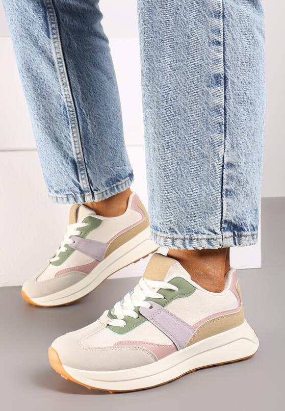 Beżowo-Zielone Płaskie Sznurowane Sneakersy z Geometrycznym Wzorem Neveanna 3