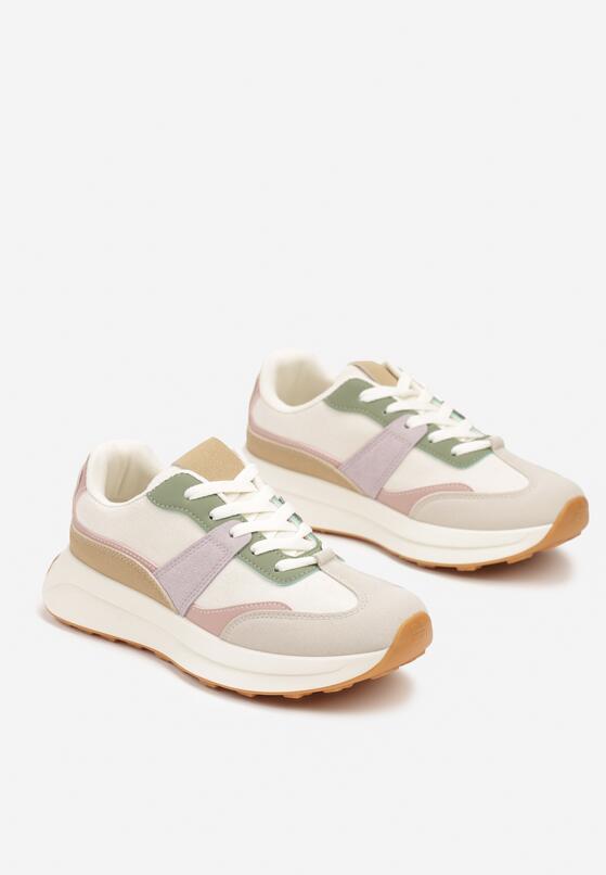 Beżowo-Zielone Płaskie Sznurowane Sneakersy z Geometrycznym Wzorem Neveanna 5