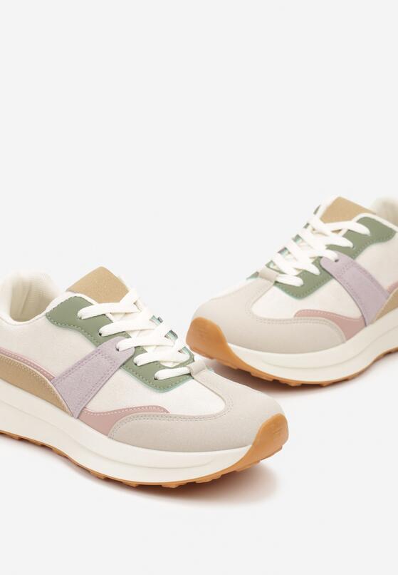 Beżowo-Zielone Płaskie Sznurowane Sneakersy z Geometrycznym Wzorem Neveanna 6
