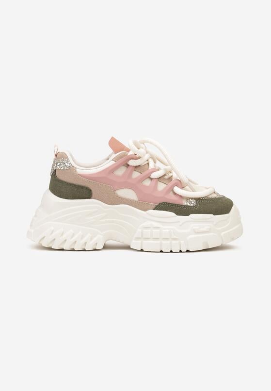 Beżowo-Zielone Sneakersy na Grubej Podeszwie z Ozdobnymi Sznurówkami i Przeszyciami Nevetiana 4