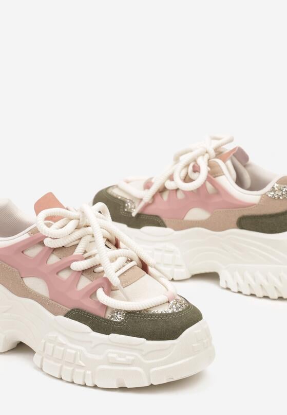 Beżowo-Zielone Sneakersy na Grubej Podeszwie z Ozdobnymi Sznurówkami i Przeszyciami Nevetiana 6