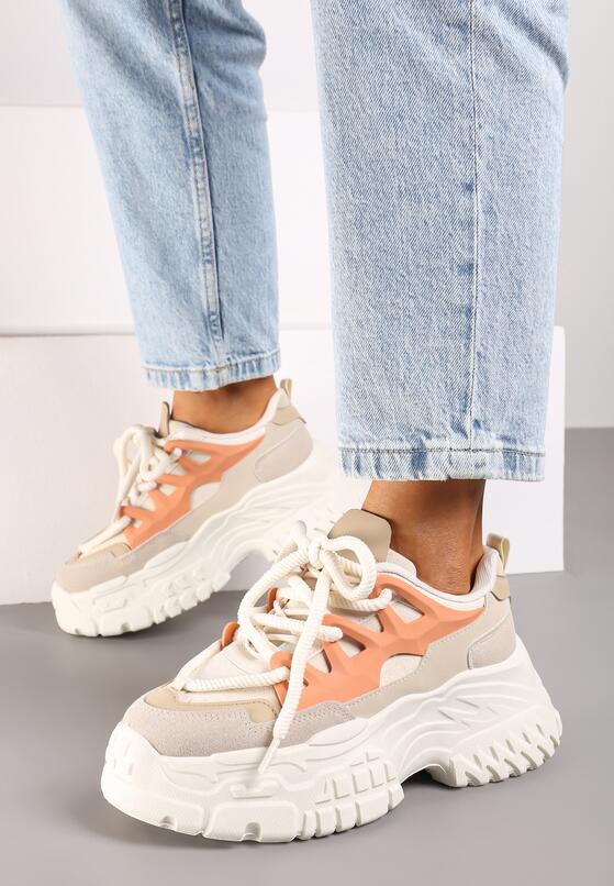 Beżowo-Pomarańczowe Sneakersy na Grubej Podeszwie z Ozdobnymi Sznurówkami i Przeszyciami Nevetiana 1