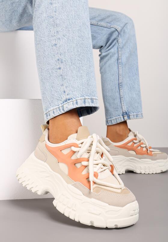 Beżowo-Pomarańczowe Sneakersy na Grubej Podeszwie z Ozdobnymi Sznurówkami i Przeszyciami Nevetiana 3