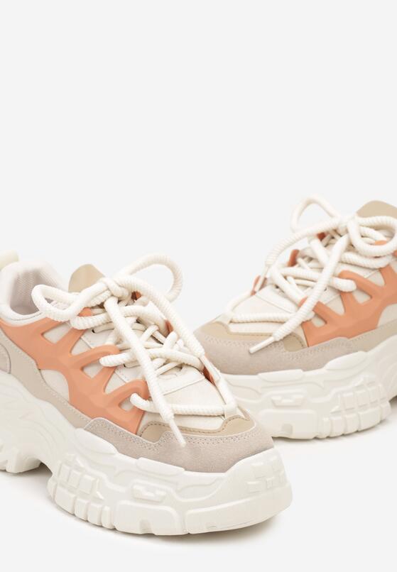 Beżowo-Pomarańczowe Sneakersy na Grubej Podeszwie z Ozdobnymi Sznurówkami i Przeszyciami Nevetiana 6