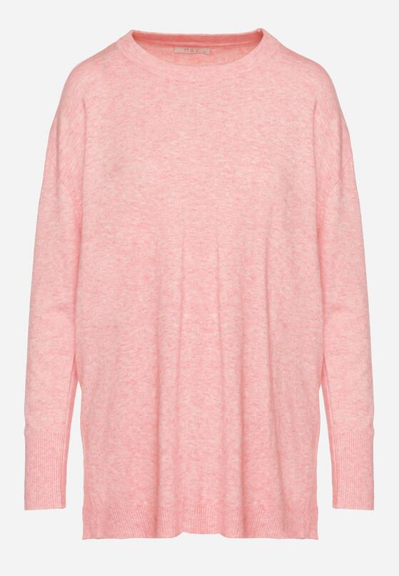 Różowy Sweter o Luźnym Fasonie z Guzikami i Cyrkoniami oraz Rozcięciami po Bokach Lerisina 6