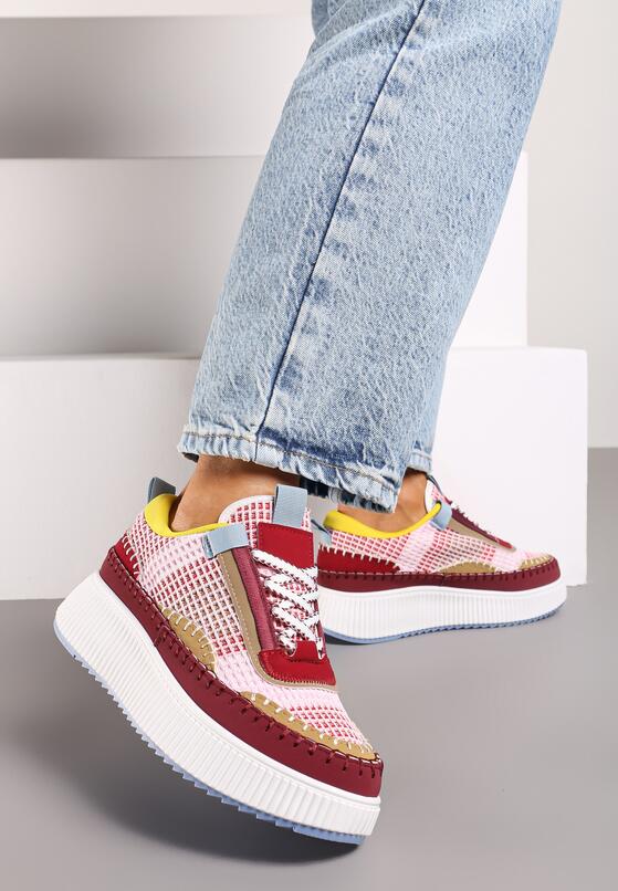 Bordowe Sneakersy na Grubej Podeszwie Ozdobione Przeszyciami Terilira 1