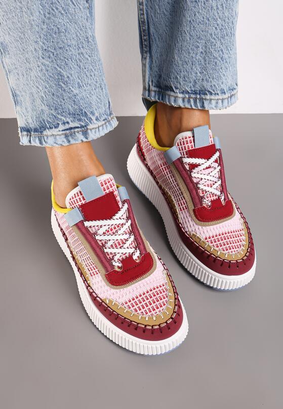 Bordowe Sneakersy na Grubej Podeszwie Ozdobione Przeszyciami Terilira 3
