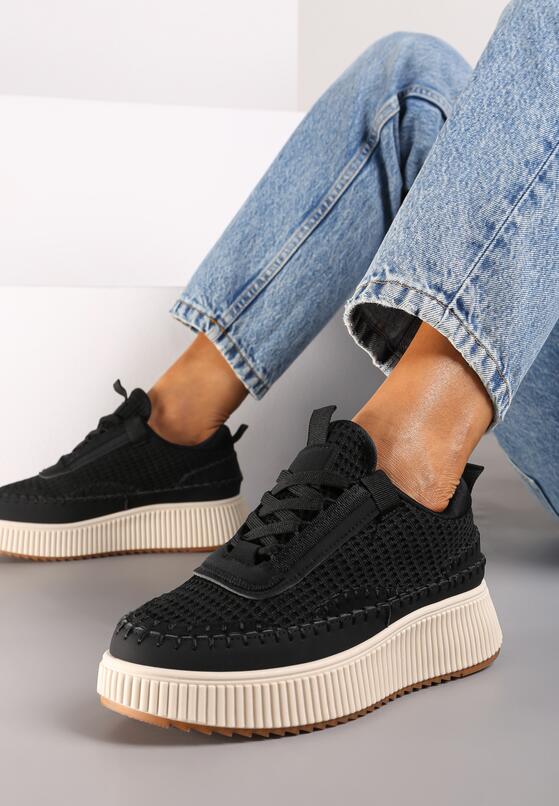 Czarne Sneakersy na Grubej Podeszwie Ozdobione Przeszyciami Terilira 2