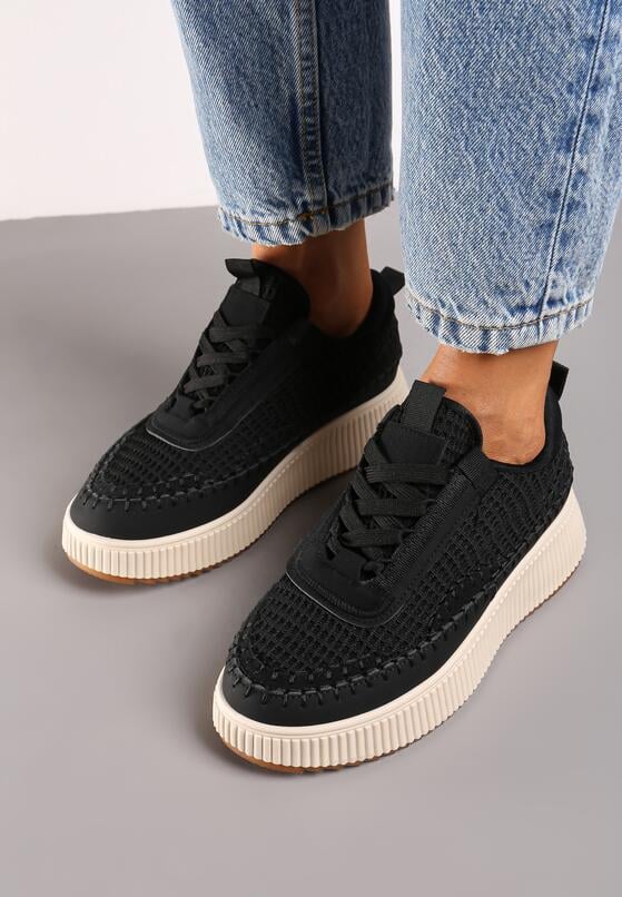 Czarne Sneakersy na Grubej Podeszwie Ozdobione Przeszyciami Terilira 3