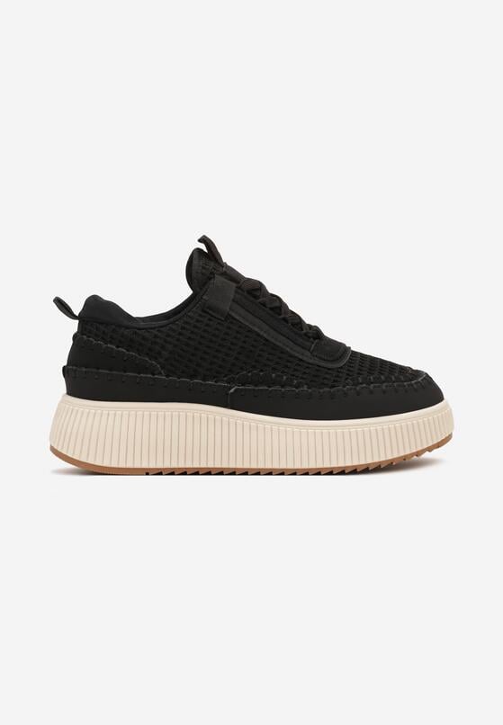 Czarne Sneakersy na Grubej Podeszwie Ozdobione Przeszyciami Terilira 4