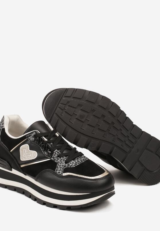 Czarne Sneakersy na Grubej Podeszwie Ozdobione Sercem i Metalicznymi Wstawkami Verioras 6