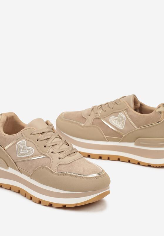 Ciemnobeżowe Sneakersy na Grubej Podeszwie Ozdobione Sercem i Metalicznymi Wstawkami Verioras 6