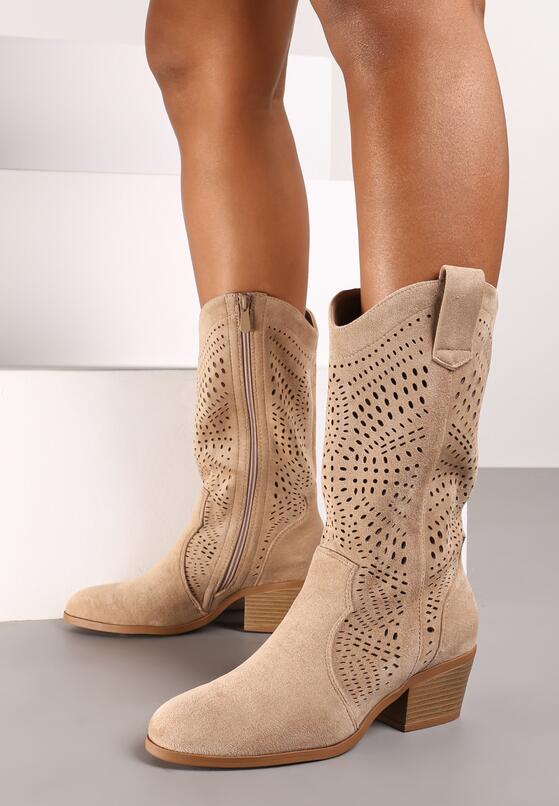 Ciemnobeżowe Ażurowe Kozaki Kowbojki na Stożkowym Obcasie Bralise 1