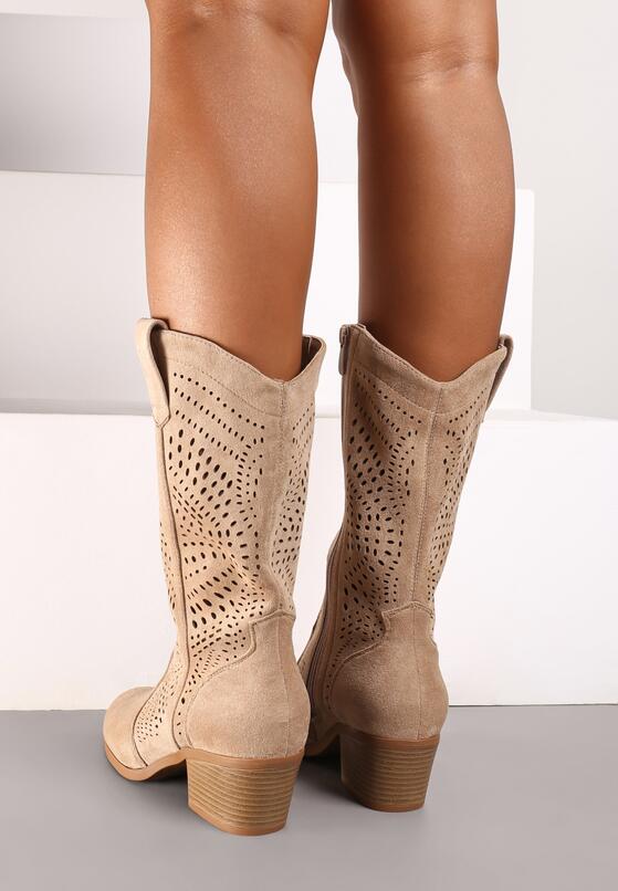 Ciemnobeżowe Ażurowe Kozaki Kowbojki na Stożkowym Obcasie Bralise 3