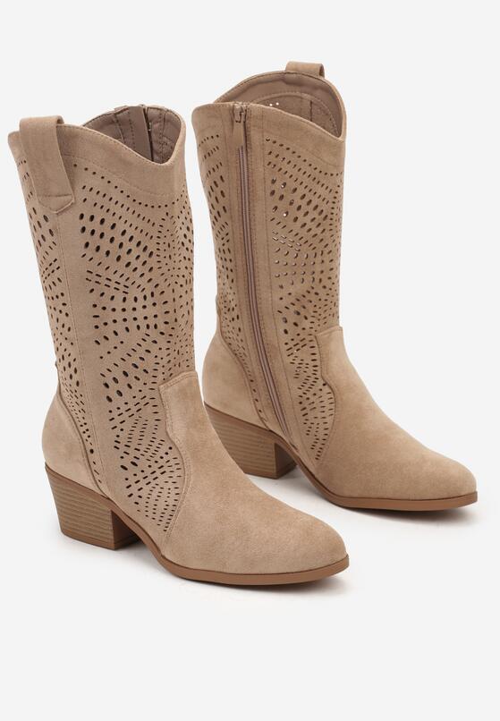 Ciemnobeżowe Ażurowe Kozaki Kowbojki na Stożkowym Obcasie Bralise 5