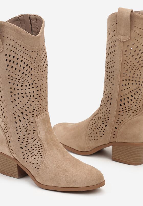 Ciemnobeżowe Ażurowe Kozaki Kowbojki na Stożkowym Obcasie Bralise 6