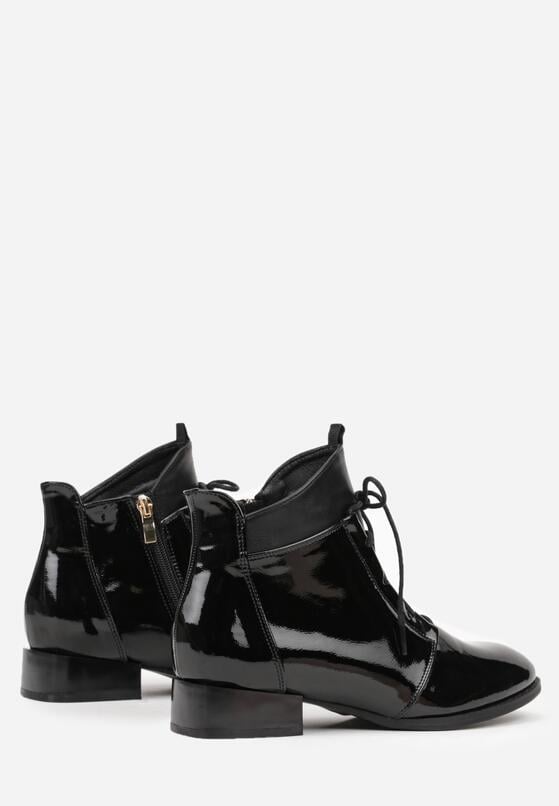 Czarne Lakierowane Płaskie Botki ze Sznurowaniem Mivanna 7