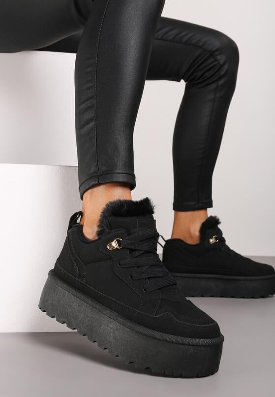 Czarne Sneakersy w Stylu Śniegowców z Futerkiem na Platformie Mavione 2