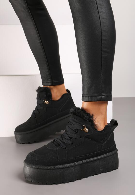 Czarne Sneakersy w Stylu Śniegowców z Futerkiem na Platformie Mavione 1