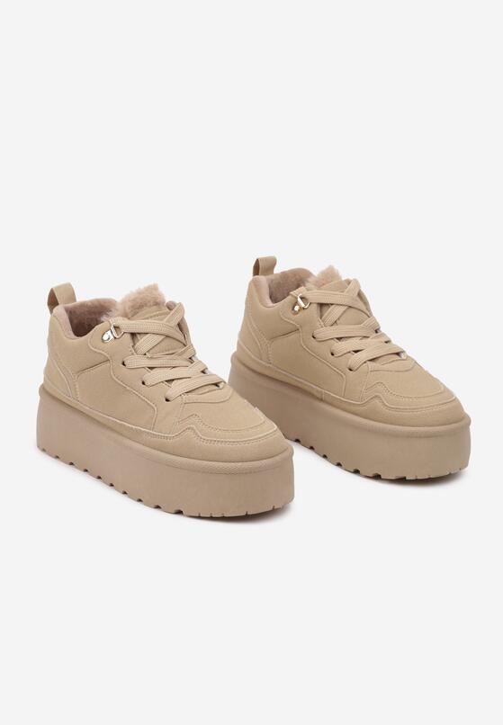 Ciemnobeżowe Sneakersy w Stylu Śniegowców z Futerkiem na Platformie Mavione 5