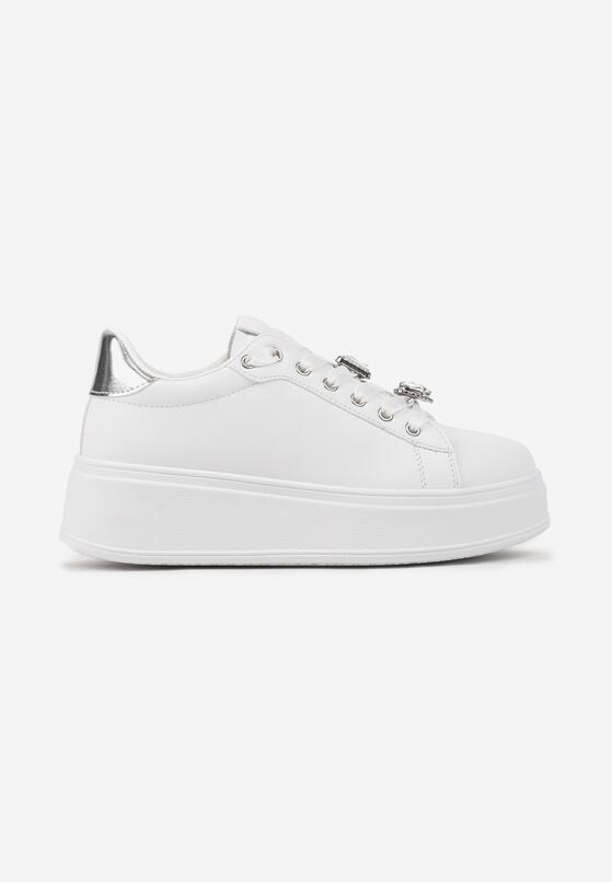 Biało-Srebrne Sneakersy na Platformie z Ozdobnymi Aplikacjami na Sznurówkach Altheati 4