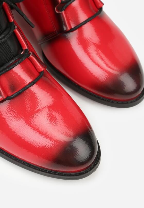 Czerwono-Czarne Lakierowane Płaskie Botki ze Sznurowaniem Mivanna 8