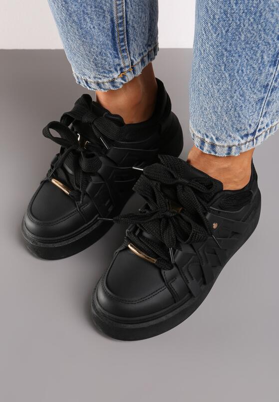 Czarne Sneakersy na Grubej Podeszwie z Ozdobnymi Paskami Leristhra 3