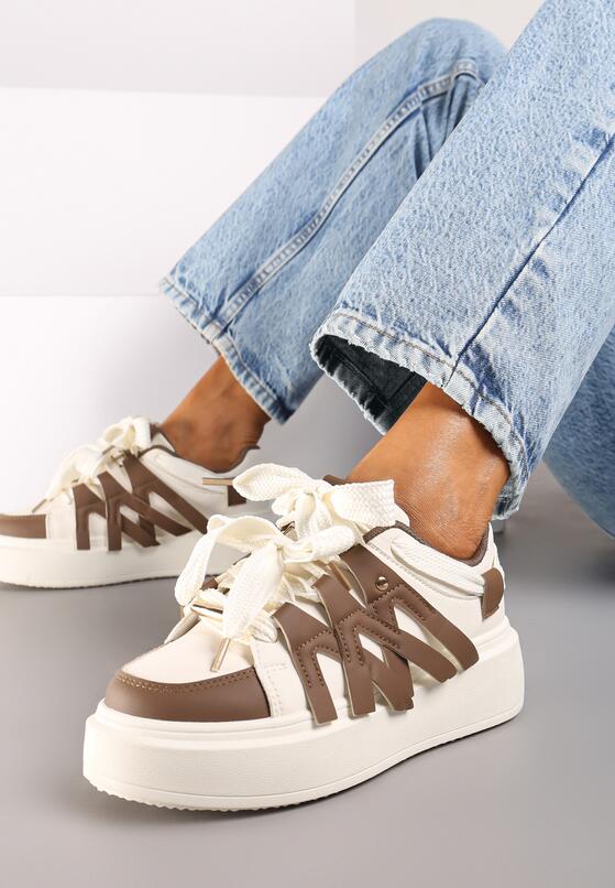 Brązowe Sneakersy na Grubej Podeszwie z Ozdobnymi Paskami Leristhra 1