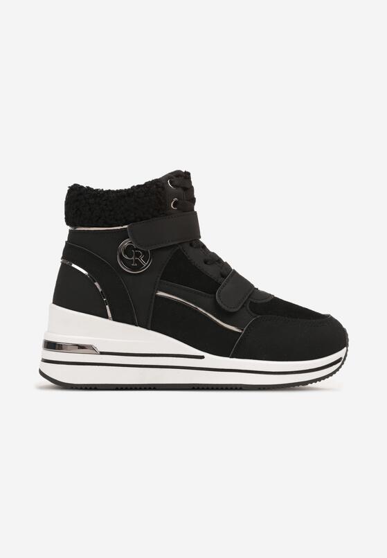 Czarne Sznurowane Sneakersy na Koturnie ze Sztucznym Futrem i Metalicznymi Aplikacjami Leridras 4