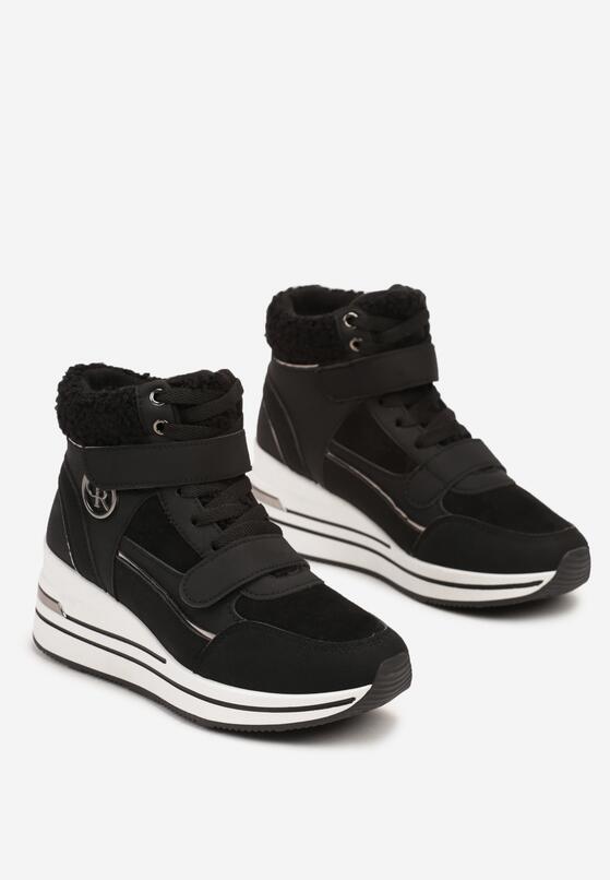 Czarne Sznurowane Sneakersy na Koturnie ze Sztucznym Futrem i Metalicznymi Aplikacjami Leridras 5