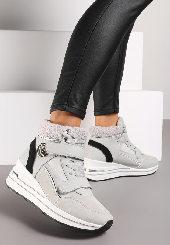 Szare Sznurowane Sneakersy na Koturnie ze Sztucznym Futrem i Metalicznymi Aplikacjami Leridras 2