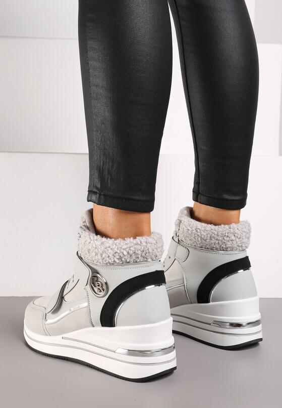 Szare Sznurowane Sneakersy na Koturnie ze Sztucznym Futrem i Metalicznymi Aplikacjami Leridras 3