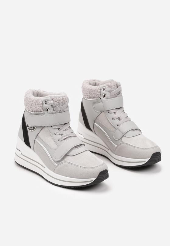 Szare Sznurowane Sneakersy na Koturnie ze Sztucznym Futrem i Metalicznymi Aplikacjami Leridras 5