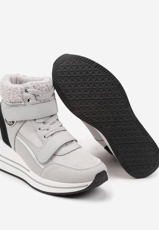 Szare Sznurowane Sneakersy na Koturnie ze Sztucznym Futrem i Metalicznymi Aplikacjami Leridras 6