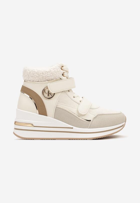 Beżowe Sznurowane Sneakersy na Koturnie ze Sztucznym Futrem i Metalicznymi Aplikacjami Leridras 4